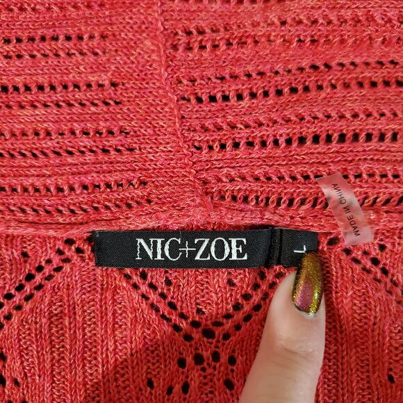 Nic + Zoe Linen Blend Open Pointelle Knit Cardigan Size L Semi Sheer Coral Pink - Picture 7 of 10